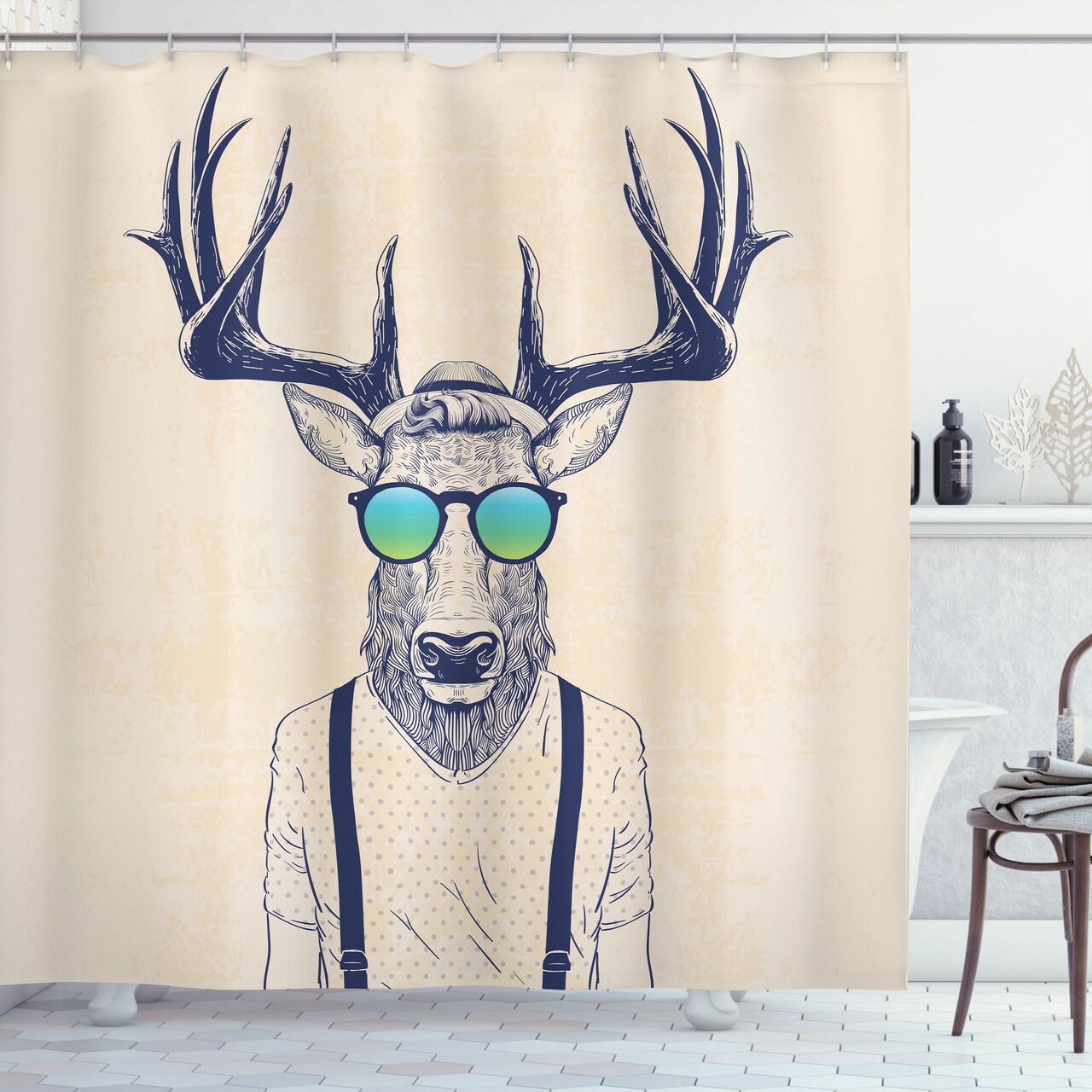 Ambesonne Antlers Shower Curtain, Drawing of Deer Dressed up Modern Cool Hipster Fashion Creative Funny Animal Art, Cloth Fabric for Bathroom Decor Set with Hooks, 69" W x 70" L, Beige Blue